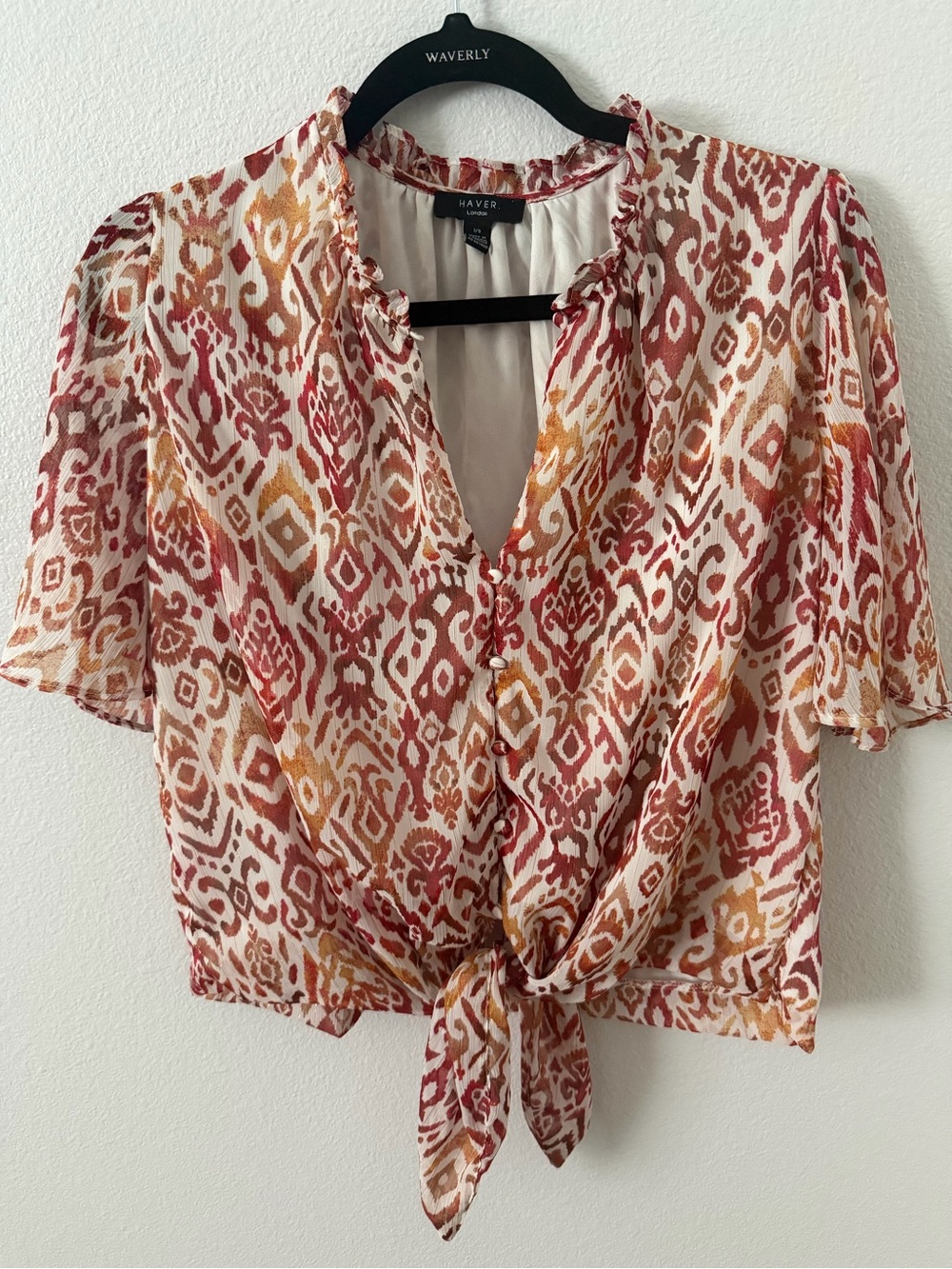 Haver Tie-Front Printed Blouse in Rust, Mustard & Cream